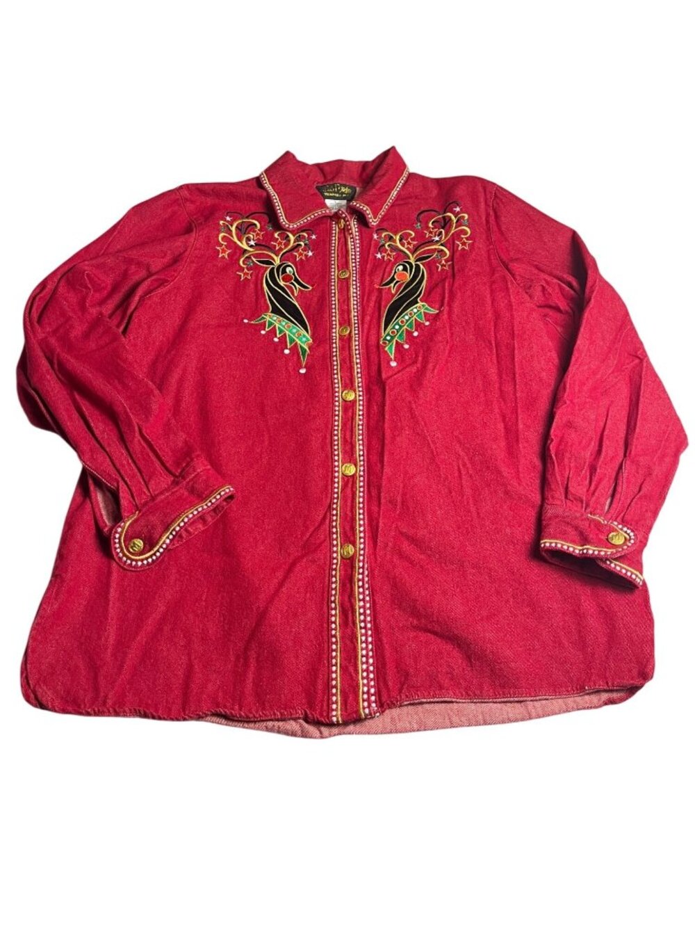 Bob Mackie Wearable Art Women’s L Embroidered Reindeer Shirt Red Button Front